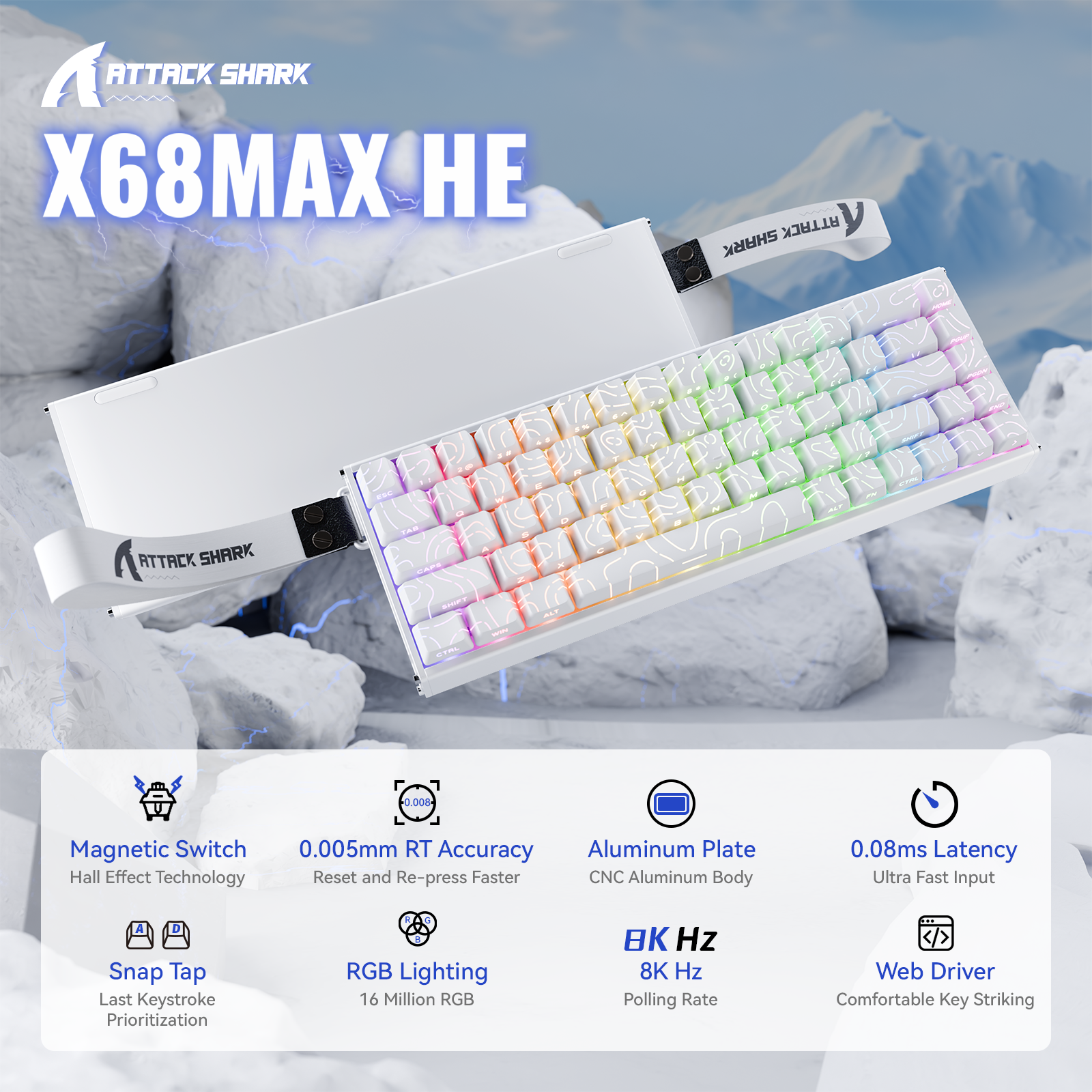 Attack Shark X68Max HE Wired Rapid Trigger Aluminum Magnetic Switch Keyboard White Contour - Image 2