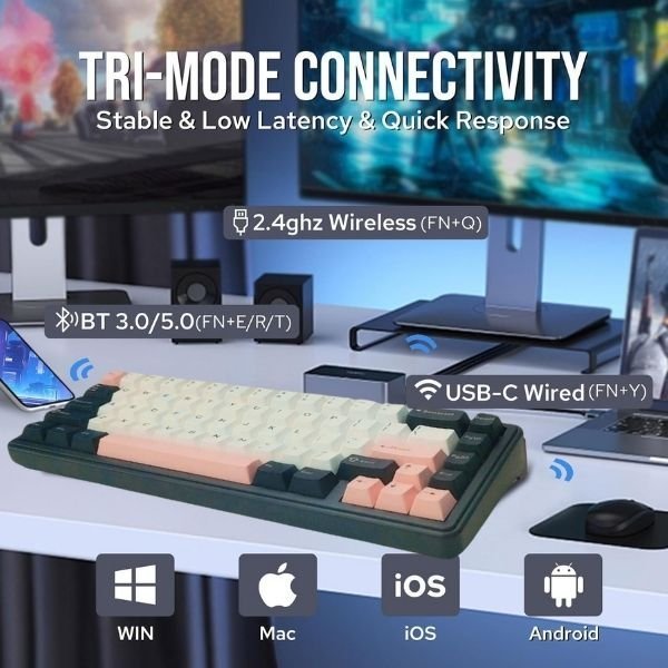 Aula F65 Wireless Mechanical Keyboard – White Pink Black - Image 3