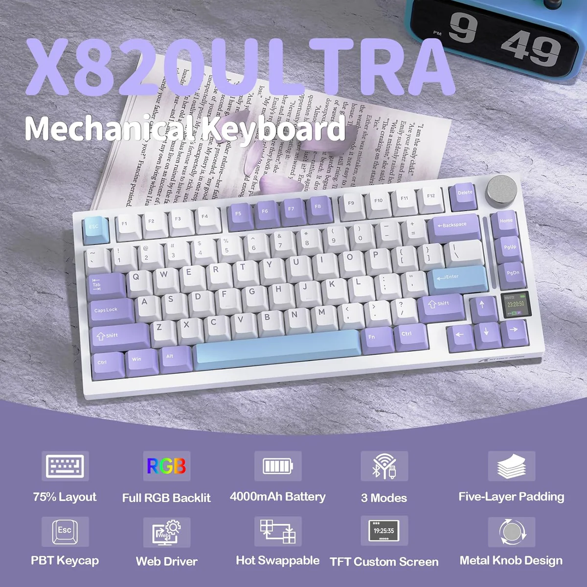 Attack Shark X820Ultra Tri-mode Gasket Mechanical Keyboard - Lavender Blue - Image 2