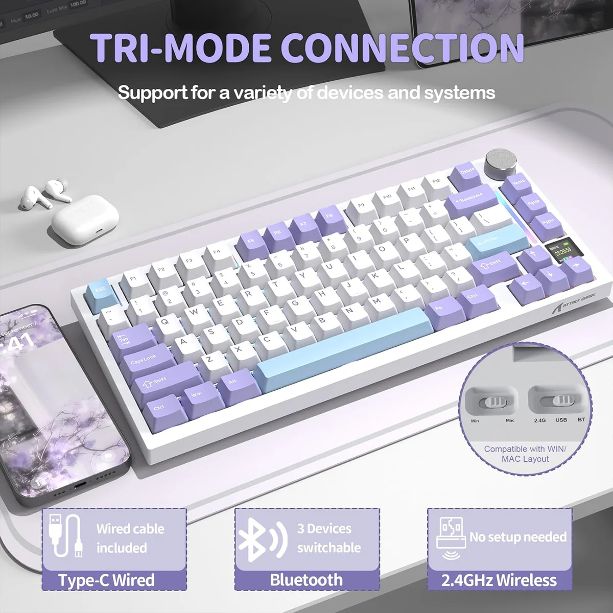 Attack Shark X820Ultra Tri-mode Gasket Mechanical Keyboard - Lavender Blue - Image 3