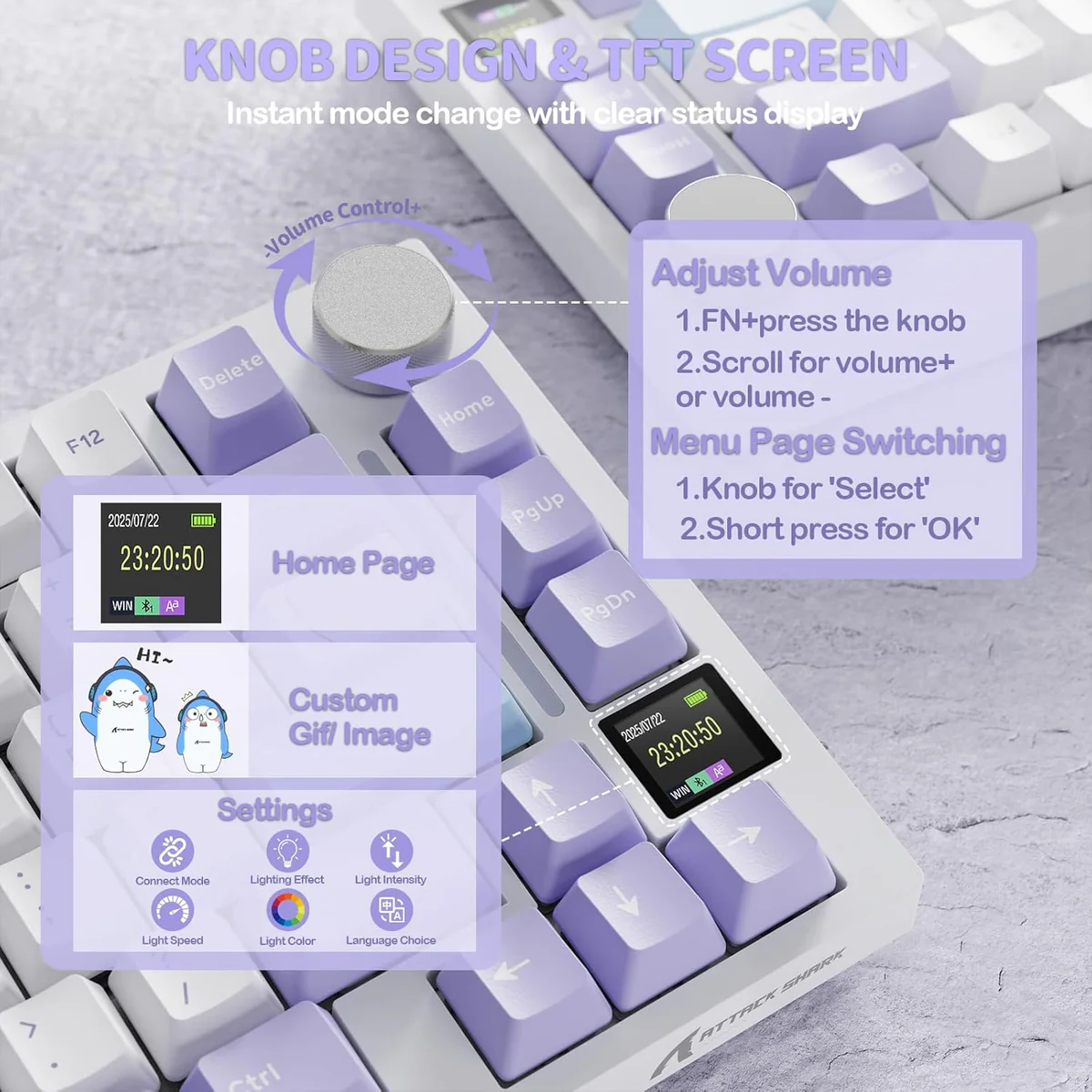 Attack Shark X820Ultra Tri-mode Gasket Mechanical Keyboard - Lavender Blue - Image 5