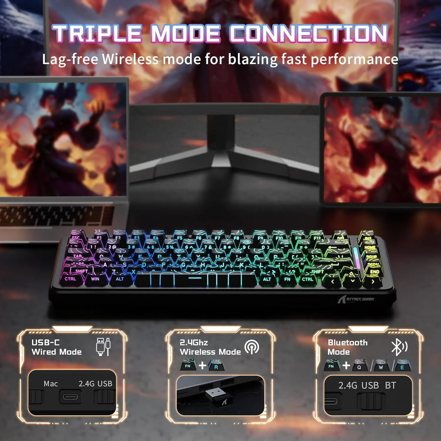 Attack Shark X82 PRO HE Tri-mode Rapid Trigger RGB Mechanical Gaming Keyboard - Black Contour - Image 5