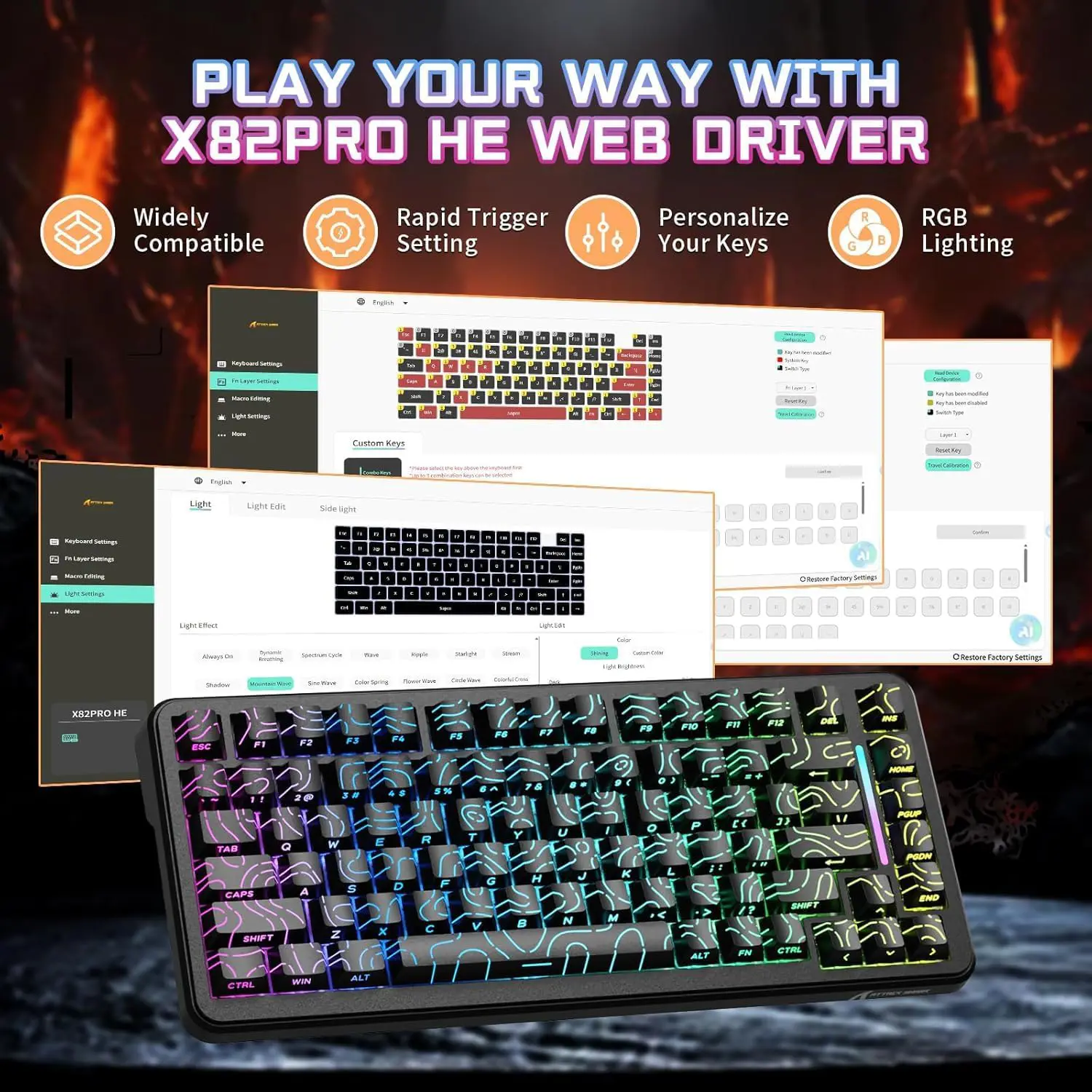 Attack Shark X82 PRO HE Tri-mode Rapid Trigger RGB Mechanical Gaming Keyboard - Black Contour - Image 3