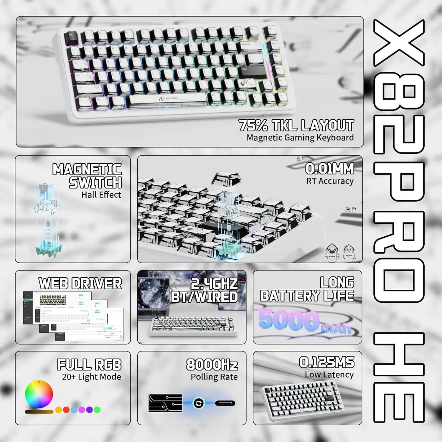 Attack Shark X82 PRO HE Tri-mode Rapid Trigger RGB Mechanical Gaming Keyboard - Comic White - Image 5