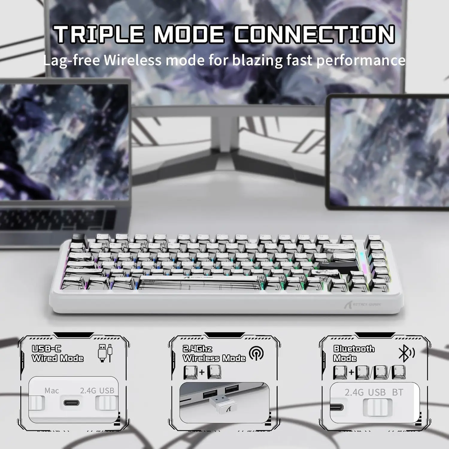 Attack Shark X82 PRO HE Tri-mode Rapid Trigger RGB Mechanical Gaming Keyboard - Comic White - Image 2