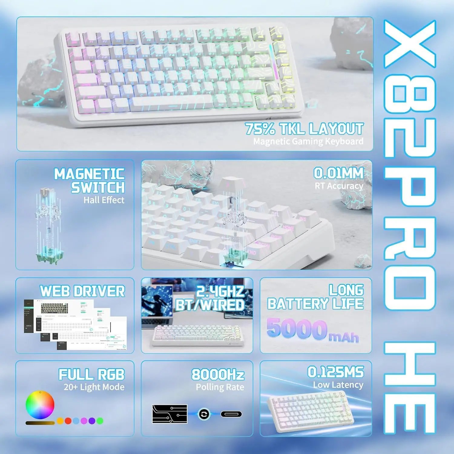Attack Shark X82 PRO HE Tri-mode Rapid Trigger RGB Mechanical Gaming Keyboard - White Contour - Image 2