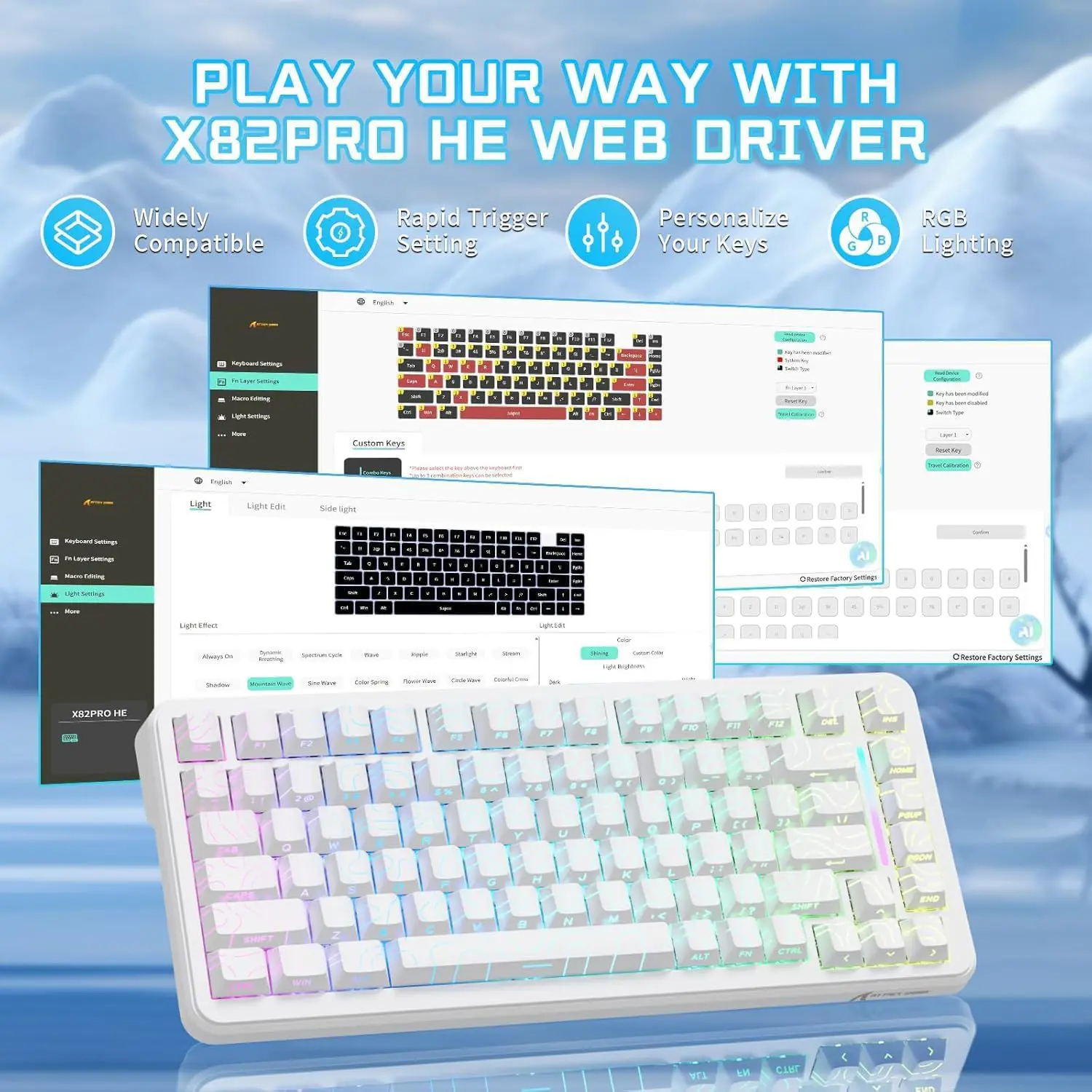 Attack Shark X82 PRO HE Tri-mode Rapid Trigger RGB Mechanical Gaming Keyboard - White Contour - Image 3