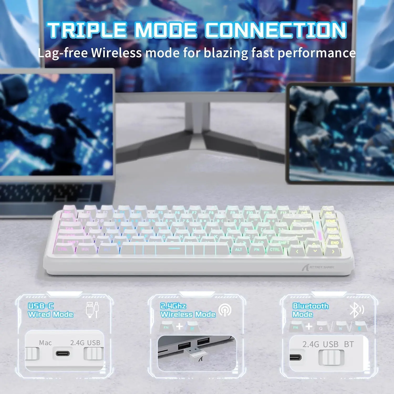 Attack Shark X82 PRO HE Tri-mode Rapid Trigger RGB Mechanical Gaming Keyboard - White Contour - Image 6
