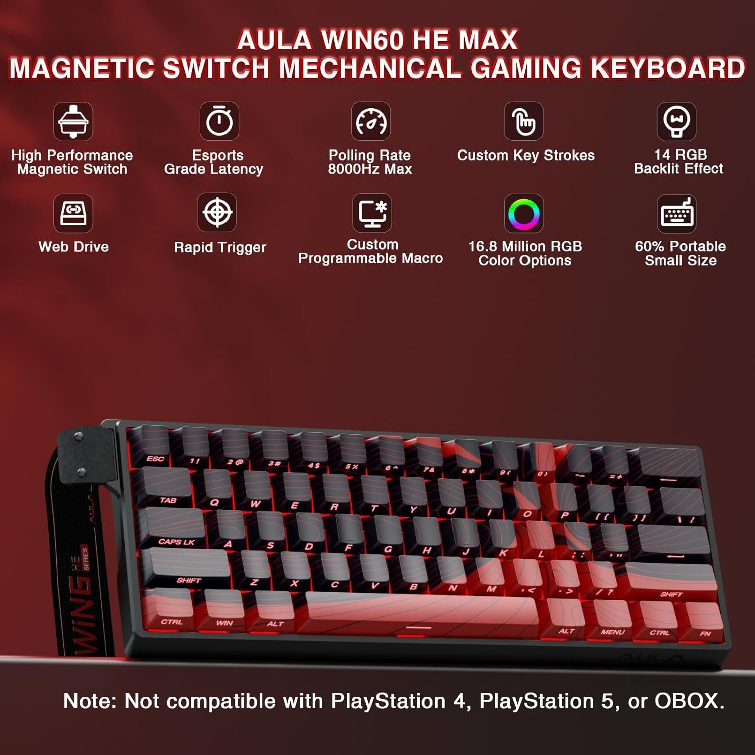 Aula Win60 HE MAX Wired Magnetic Gaming Keyboard - Wing Chun Switch - Black Red - Image 2