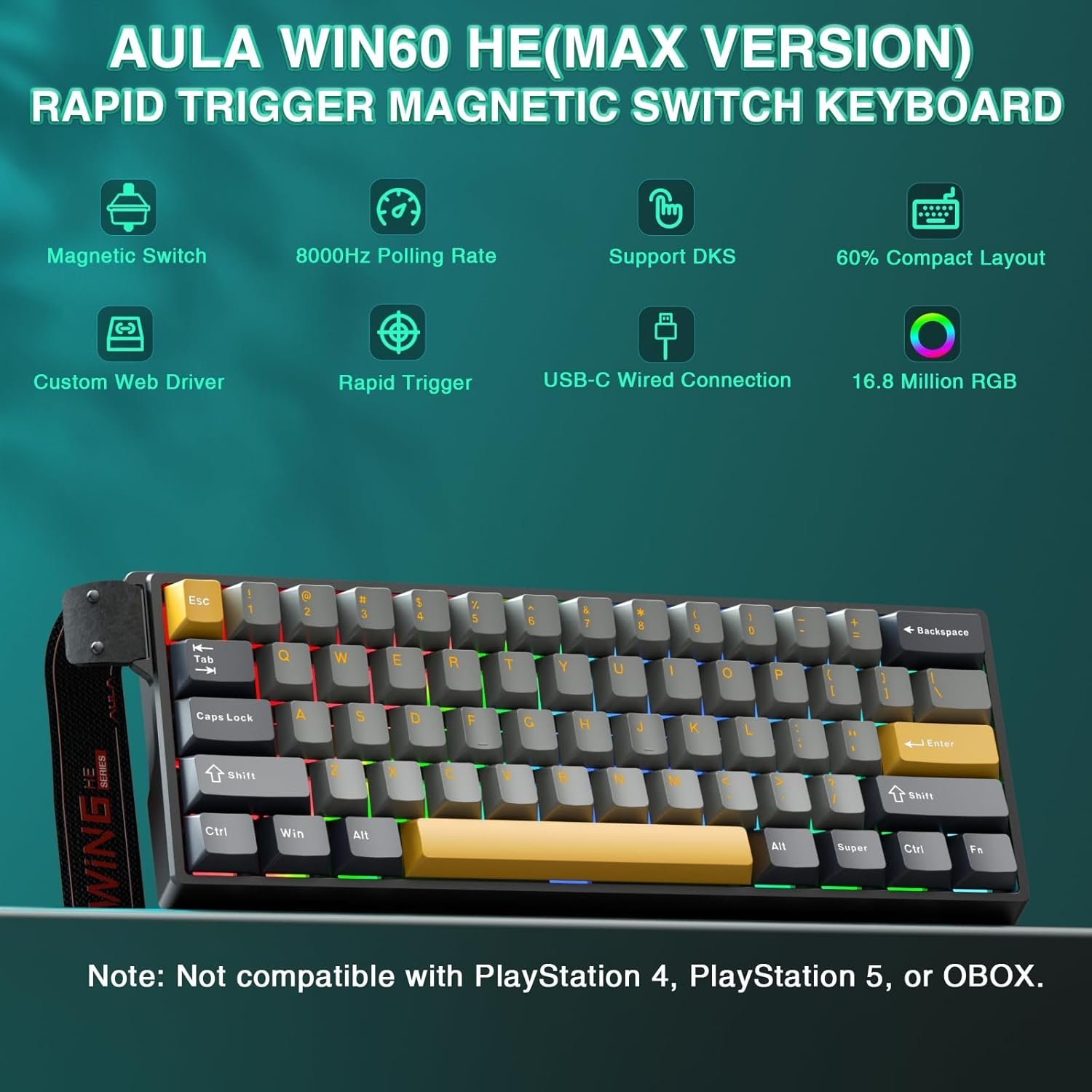 Aula Win60 HE MAX Wired Magnetic Gaming Keyboard - Wing Chun Switch - Grey Yellow - Image 2