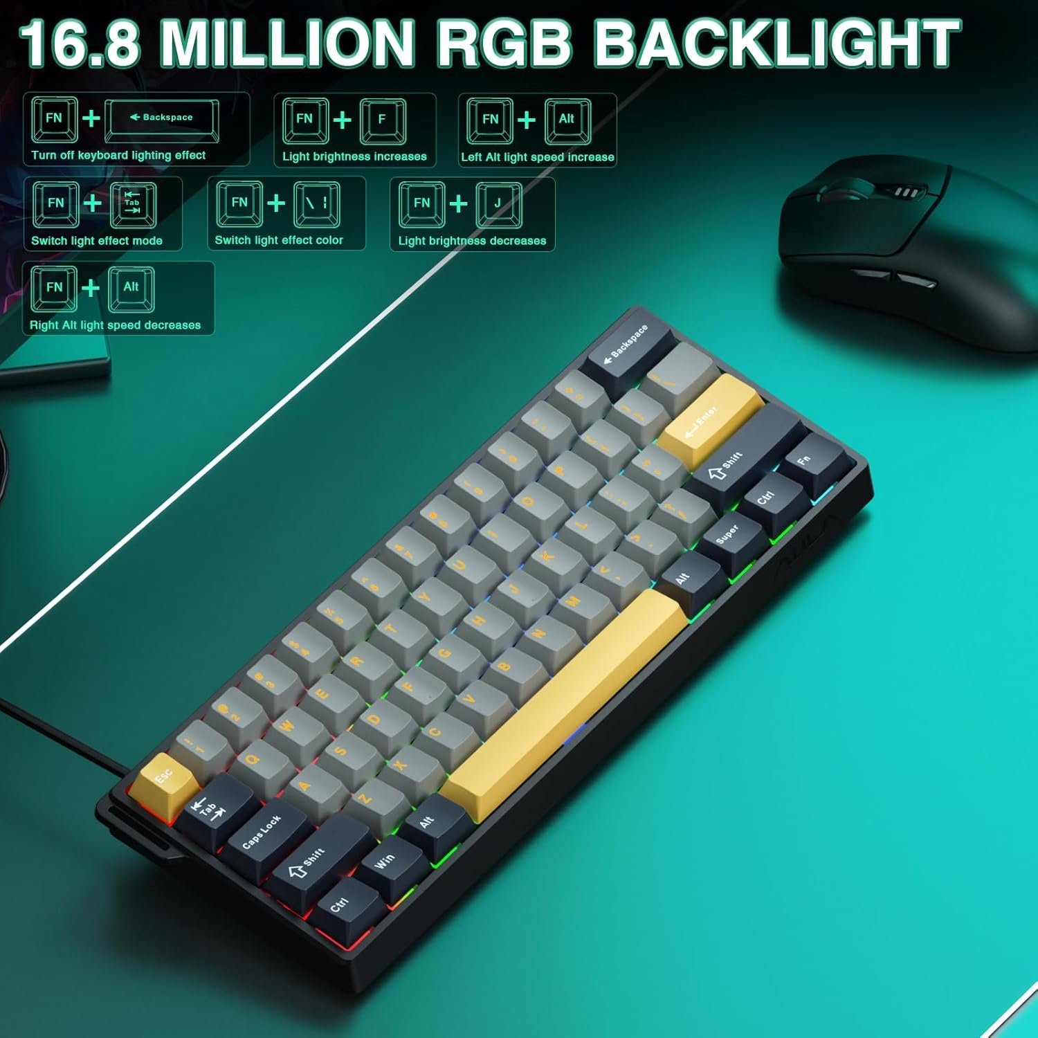 Aula Win60 HE MAX Wired Magnetic Gaming Keyboard - Wing Chun Switch - Grey Yellow - Image 4