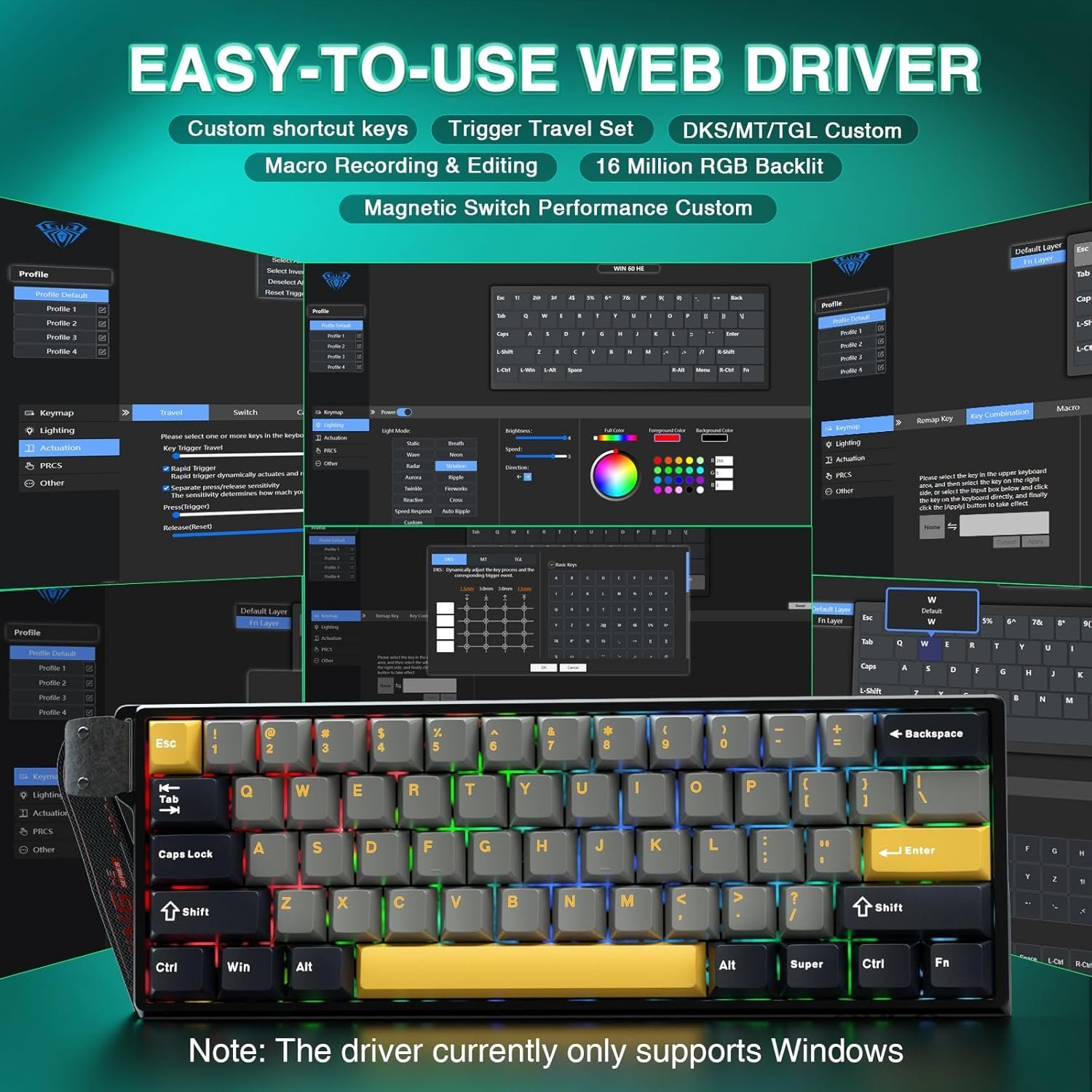 Aula Win60 HE MAX Wired Magnetic Gaming Keyboard - Wing Chun Switch - Grey Yellow - Image 5