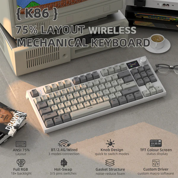 Attack Shark K86 Wireless Mechanical Keyboard Retro Grey - Image 2