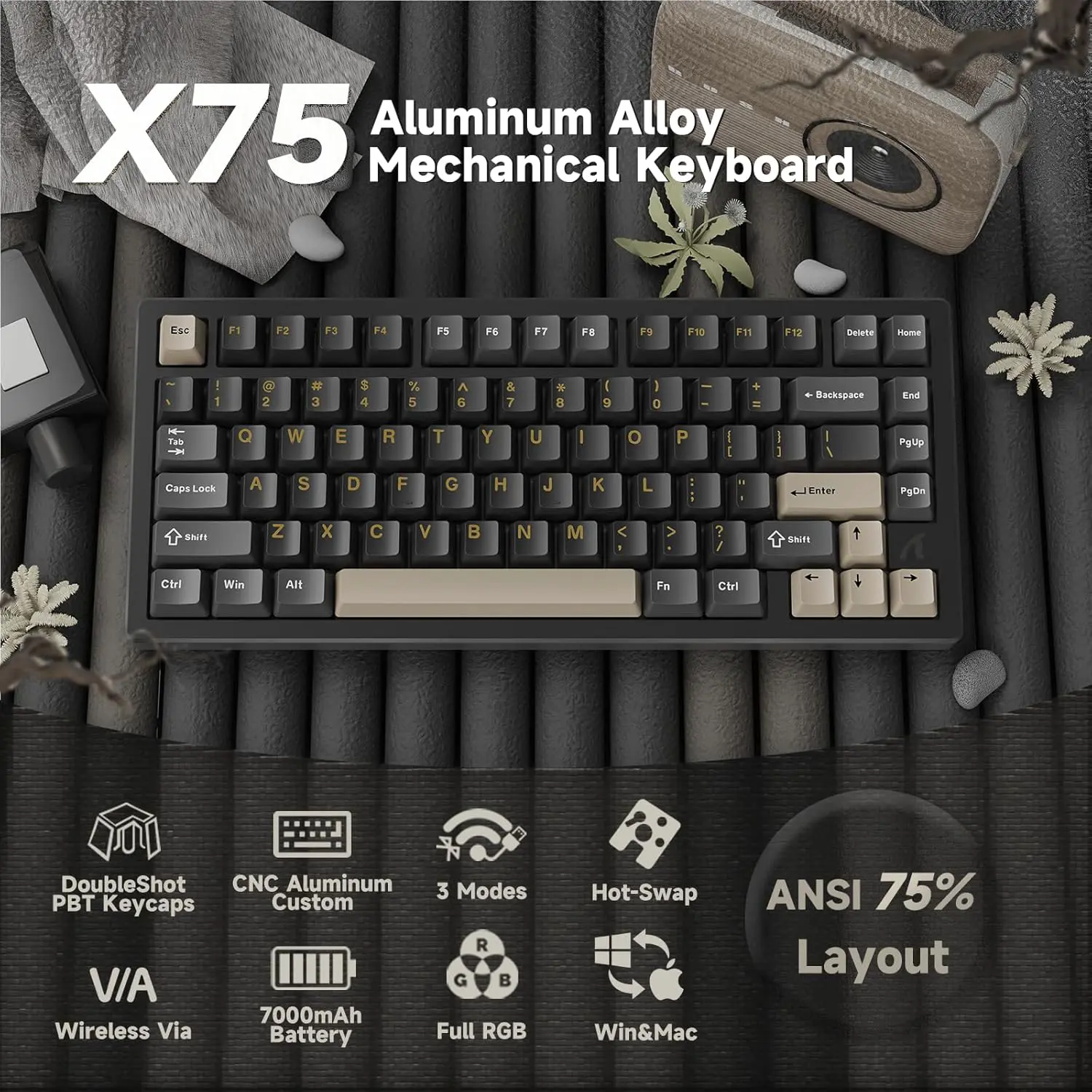 Attack Shark X75 Aluminum CNC Wireless Mechanical Gaming Keyboard Black - Image 2
