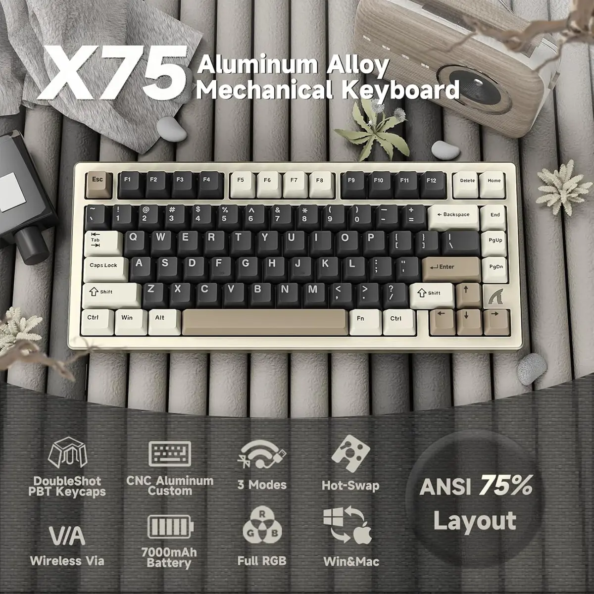 Attack Shark X75 Aluminum CNC Wireless Mechanical Gaming Keyboard Cheese White - Image 2