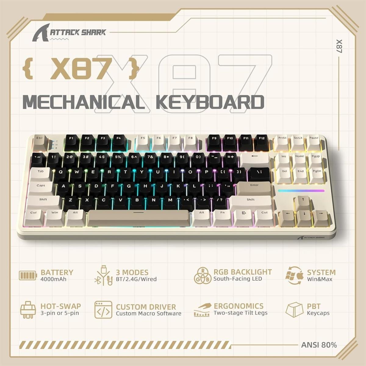 Attack Shark X87 Wireless Mechanical Keyboard Cheese White - Image 2
