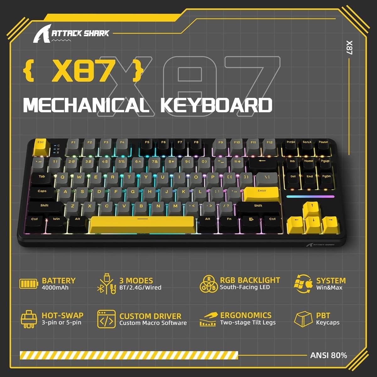 Attack Shark X87 Wireless Mechanical Keyboard Starry Black - Image 2