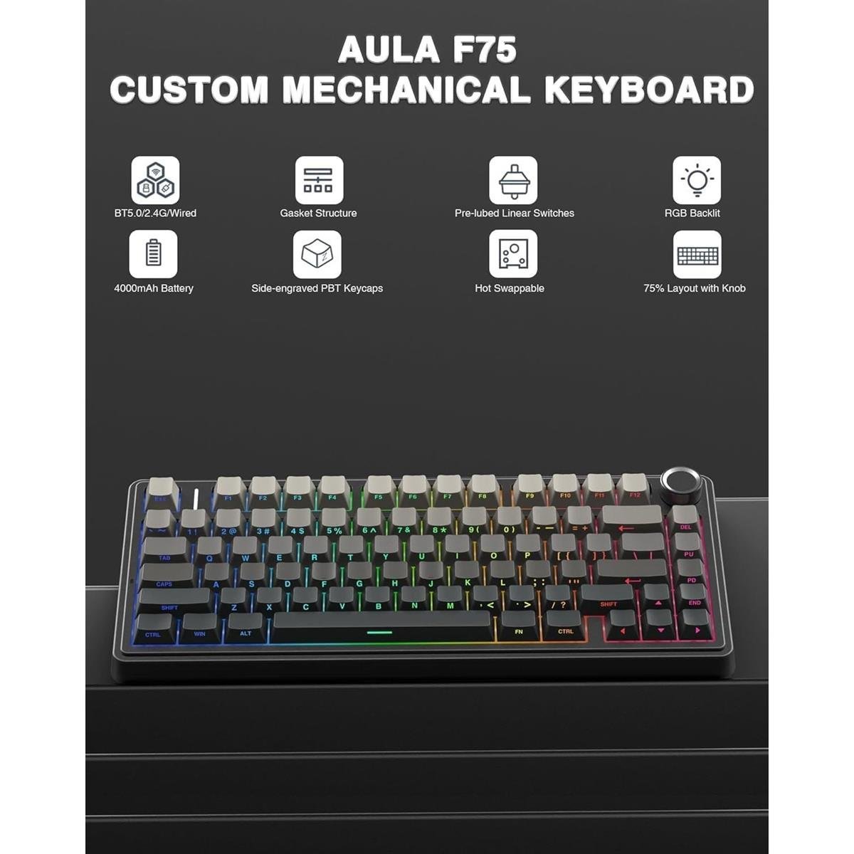 Aula F75 Wireless Mechanical Keyboard – Gradient Gray - Image 2