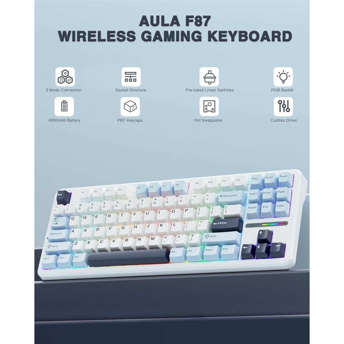 Aula F87 Wireless Mechanical Keyboard – Glacier Blue - Image 2